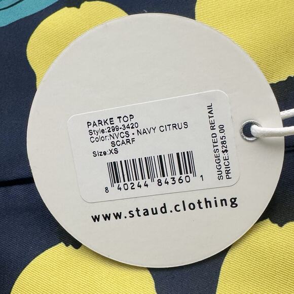 STAUD Parke Top Navy Citrus Lemon Print Shirt XS Bold Graphic Print Dopamine NWT - Picture 12 of 14
